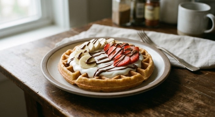 Belgiese wafels met jogurt, piesang, aarbei en sjokolade-haselneutsmeer