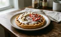 Belgian Waffles with Yogurt, Banana, Strawberry, and Chocolate Hazelnut Cream