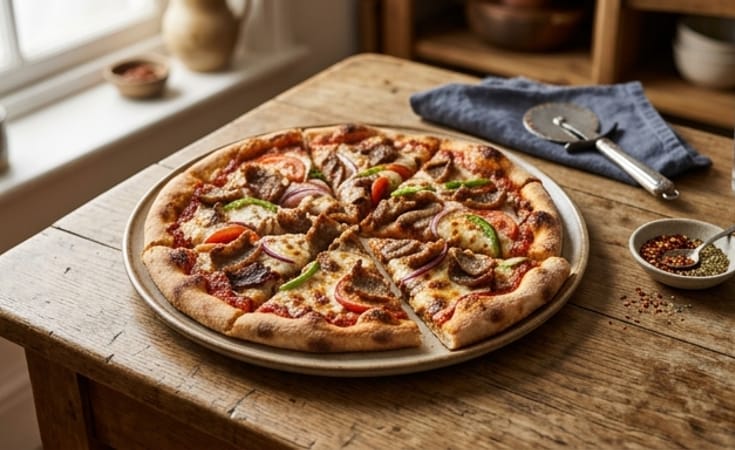 Doner Meat Pizza with Mozzarella, Tomato, Onion, and Green Pepper