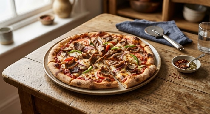 Doner Meat Pizza with Mozzarella, Tomato, Onion, and Green Pepper