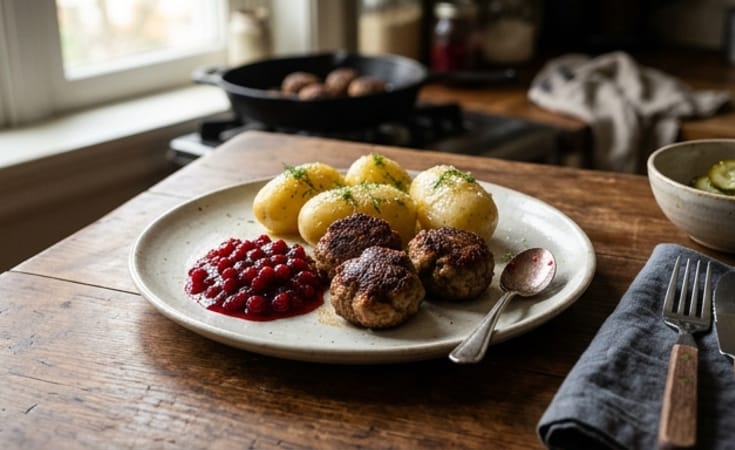 Swedish Meatballs with Buttered Potatoes and Lingonberry Jam
