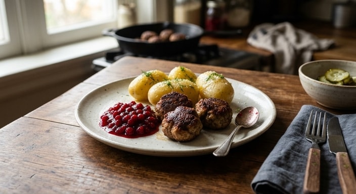 Pangebraaide frikkadelle met gekookte aartappel en lingonbessiekonfyt