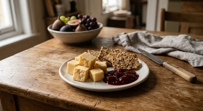 Aged Cheddar with Crisp Crackers and Fruit Sauce