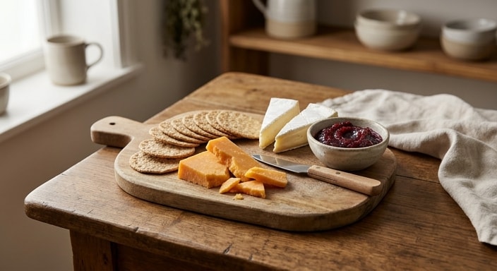 Aged Cheddar and Brie with Crackers and Fruit Preserve