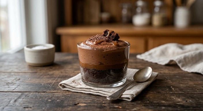 Dark Chocolate Mousse Cup with Brownie and Caramel
