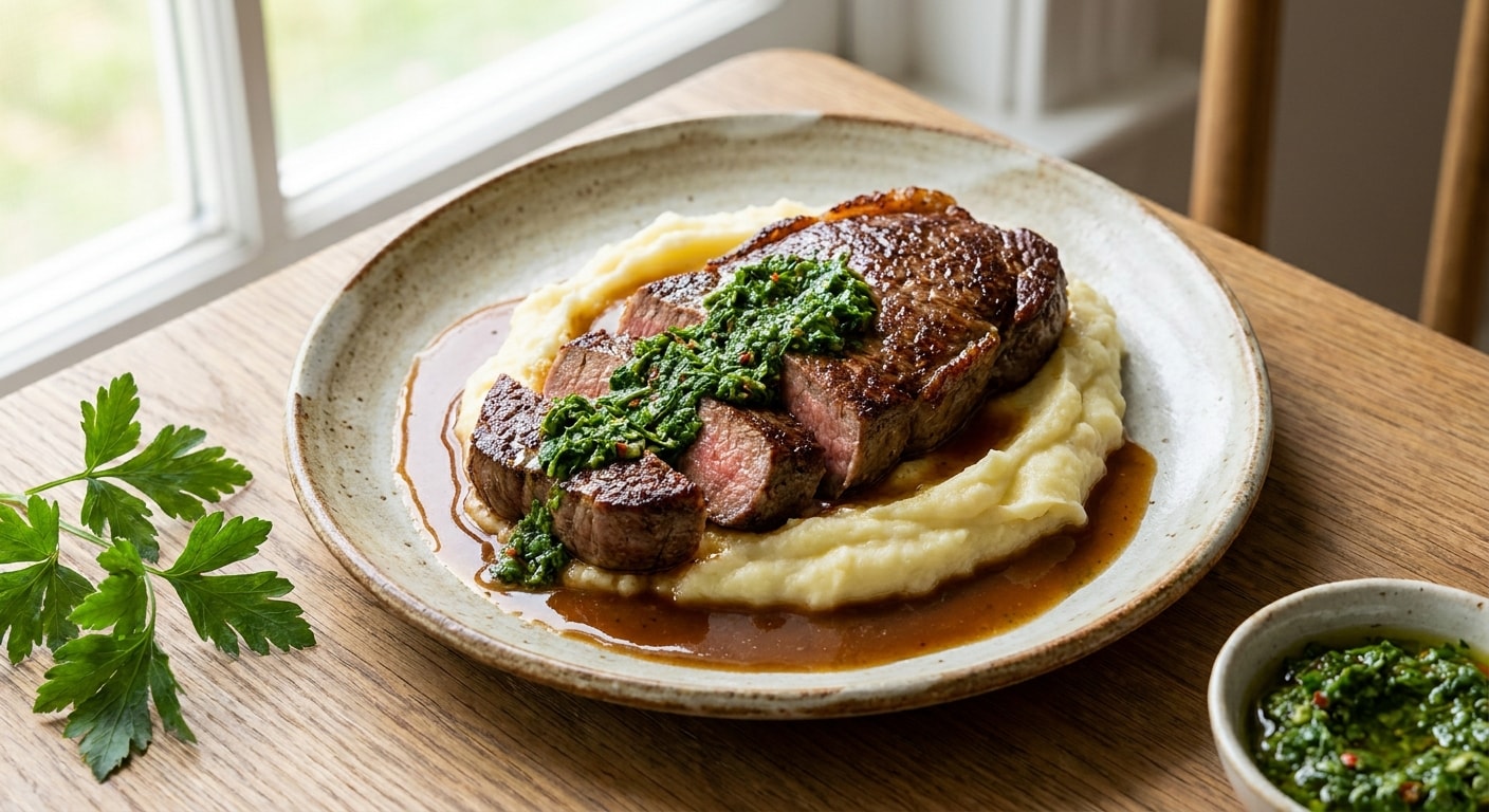 Steak with Mashed Potatoes and Chimichurri