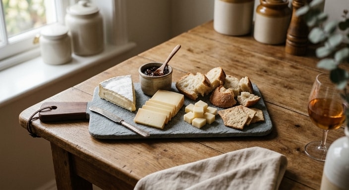 A Trio of Cow and Sheep Milk Cheeses with Fig Jam, Cracker, and Bread