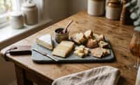 A Trio of Cow and Sheep Milk Cheeses with Fig Jam, Cracker, and Bread