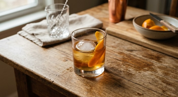 Old fashioned-whiskeyskemerkelkie met lemoenskil