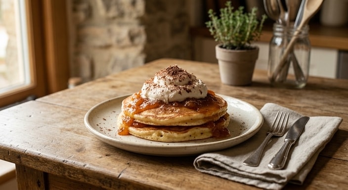 Pancakes with Apricot Jam, Whipped Cream, and Milk Chocolate