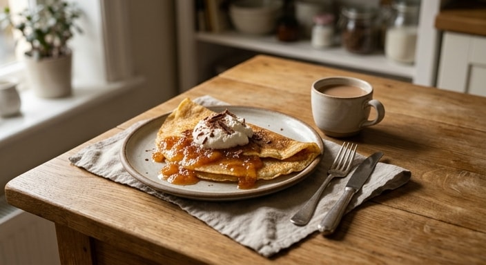 Citrus Pancake with Orange Jam, Whipped Cream, Chocolate, and Milk Tea
