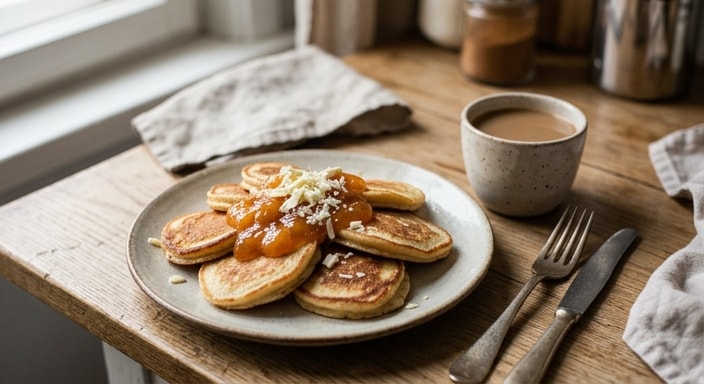 Mini Pancakes with Apricot Jam, White Chocolate, and Milk Coffee