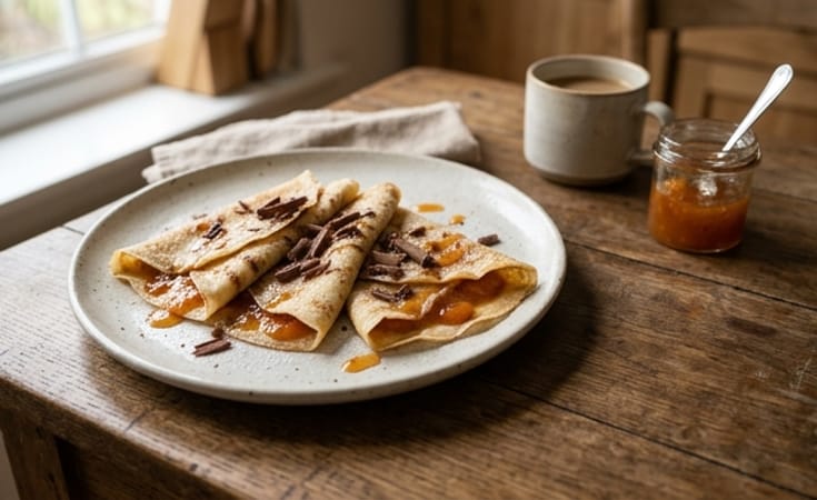 French Crêpes with Apricot-Style Orange Jam, Apple, and Milk Chocolate