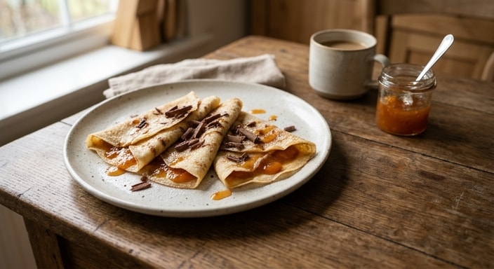 French Crêpes with Apricot-Style Orange Jam, Apple, and Milk Chocolate