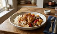 Roasted Chicken with Saffronless White Rice, Potato, Mushroom, and Red Pepper