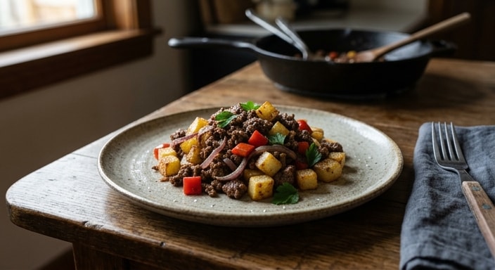 Skillet Beef with Crisp Potato, Onion, and Red Pepper