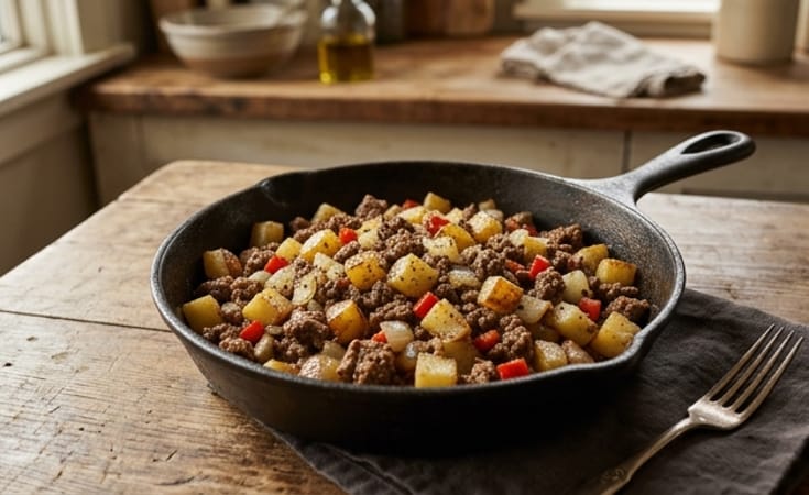 Rustic Beef and Potato Skillet with Onion and Red Pepper
