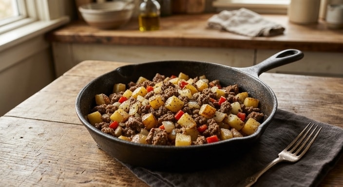Rustic Beef and Potato Skillet with Onion and Red Pepper