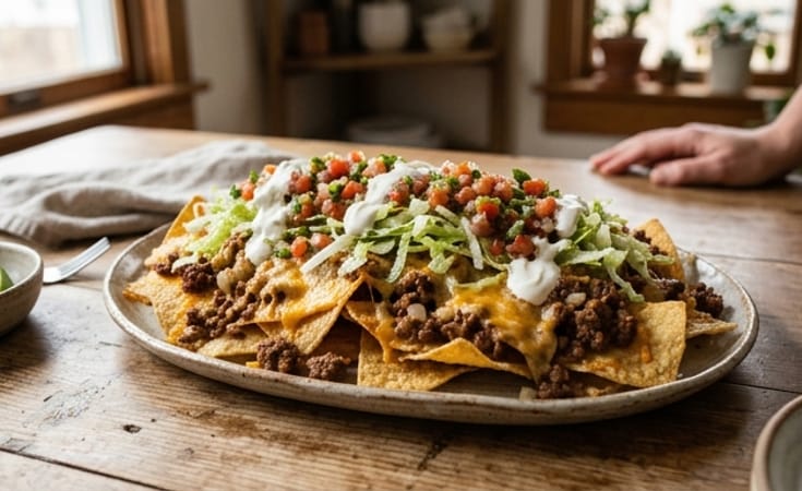 Loaded Beef Nachos with Cheddar, Salsa, and Sour Cream
