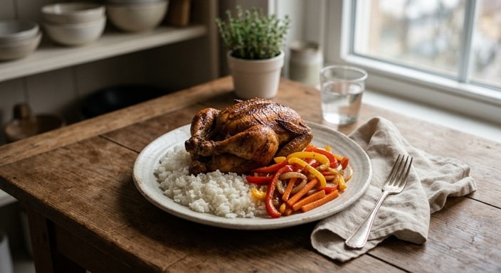 Roasted Chicken with Soy-Glazed Peppers and White Rice