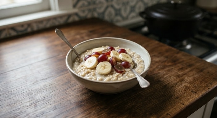 Oatmeal with Banana, Red Grape, and Milk
