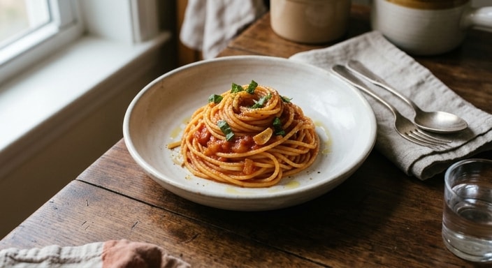 Spaghetti al Pomodoro con Cipolla e Aglio