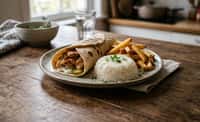Grilled Chicken Shawarma Wrap with Basmati Rice and Crisp Fries
