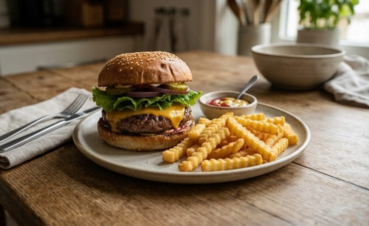 The Classic Cheeseburger with Lettuce and Crinkle-Cut Fries