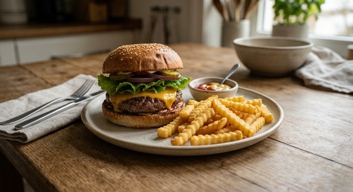 The Classic Cheeseburger with Lettuce and Crinkle-Cut Fries
