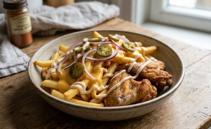 Loaded Cheese Fries with Crispy Chicken Wings, Jalapeño, Onion, and Creamy Sauce