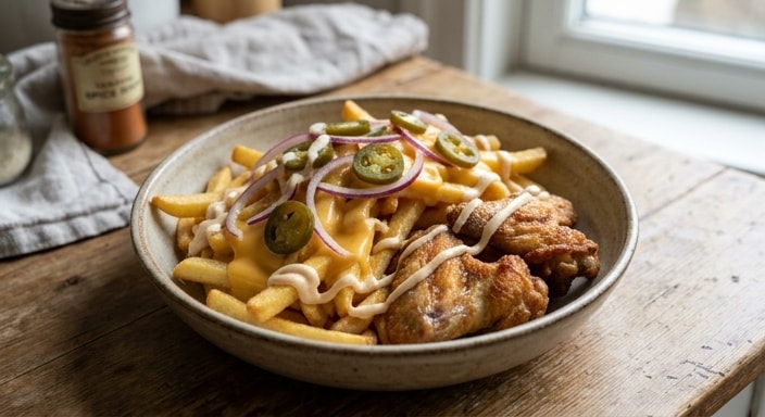 Frytki z serem, jalapeño, cebulą, kremowym sosem i smażonymi skrzydełkami