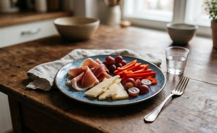 Prosciutto, Semi-Hard Cheese, Red Pepper, and Grape Plate