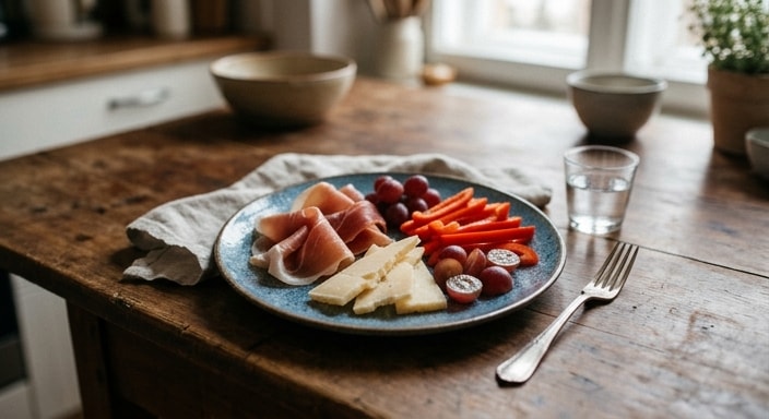 Prosciutto ja poolkõva juustu vaagen paprika ja viinamarjadega