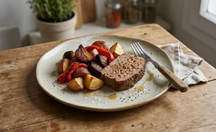 Warm Meatloaf with Roasted Potato, Beet, and Red Pepper