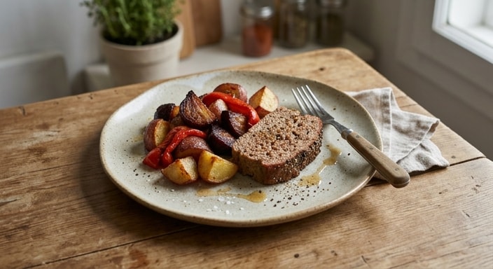 Warm Meatloaf with Roasted Potato, Beet, and Red Pepper