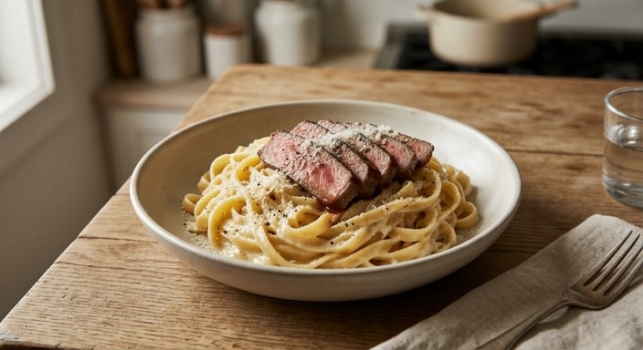 Fettuccine Alfredo with Sliced Steak
