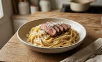 Fettuccine Alfredo with Sliced Steak