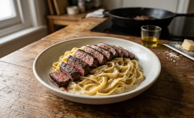 Tagliatelle Alfredo with Sliced Pepper Steak