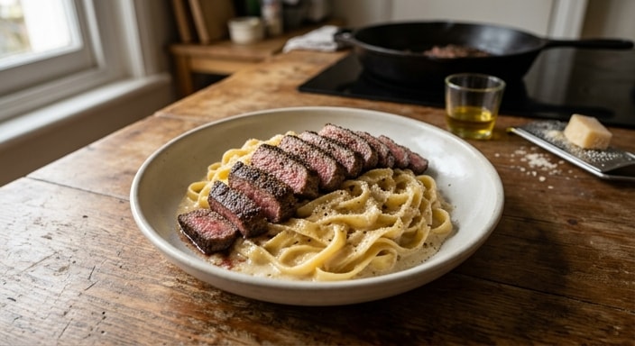 Tagliatelle Alfredo with Sliced Pepper Steak
