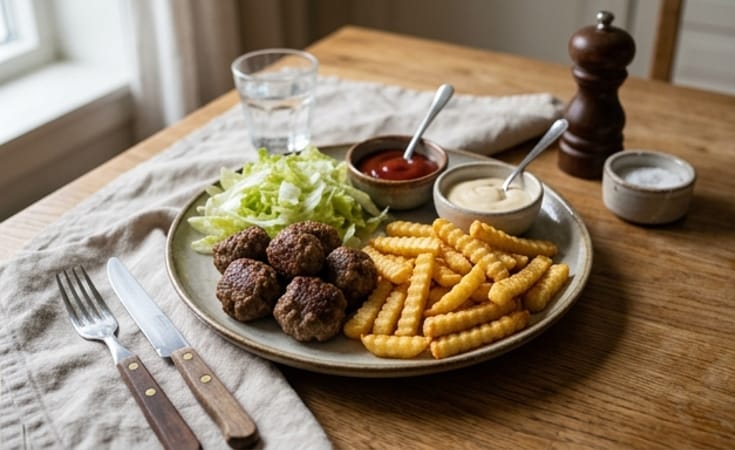 Swedish Meatballs with Crinkle-Cut Fries, Shredded Lettuce, Ketchup, and Creamy Sauce