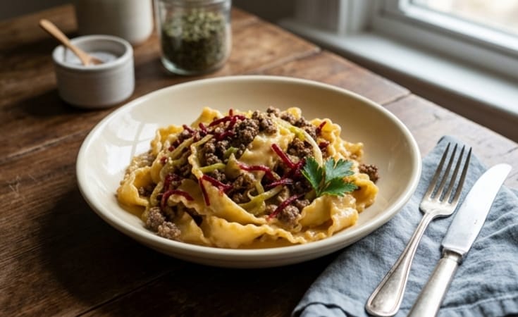 Mafaldine with Beef, Cheddar Cream, Cabbage, and Beet