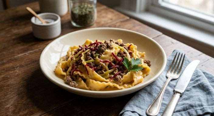 Mafaldine with Beef, Cheddar Cream, Cabbage, and Beet