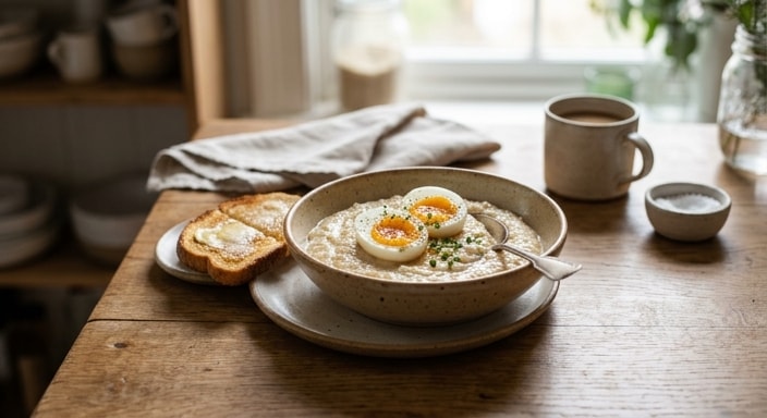 Huevos pasados por agua con avena y pan sin gluten con mantequilla