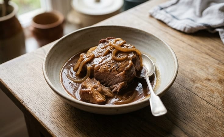 Braised Pork Shoulder with Onion and Brown Gravy