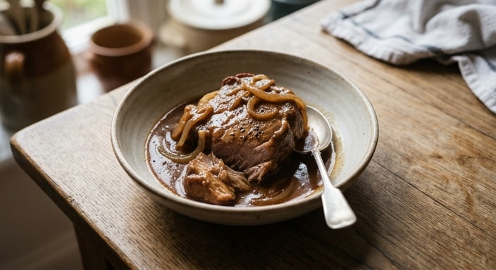 Braised Pork Shoulder with Onion and Brown Gravy