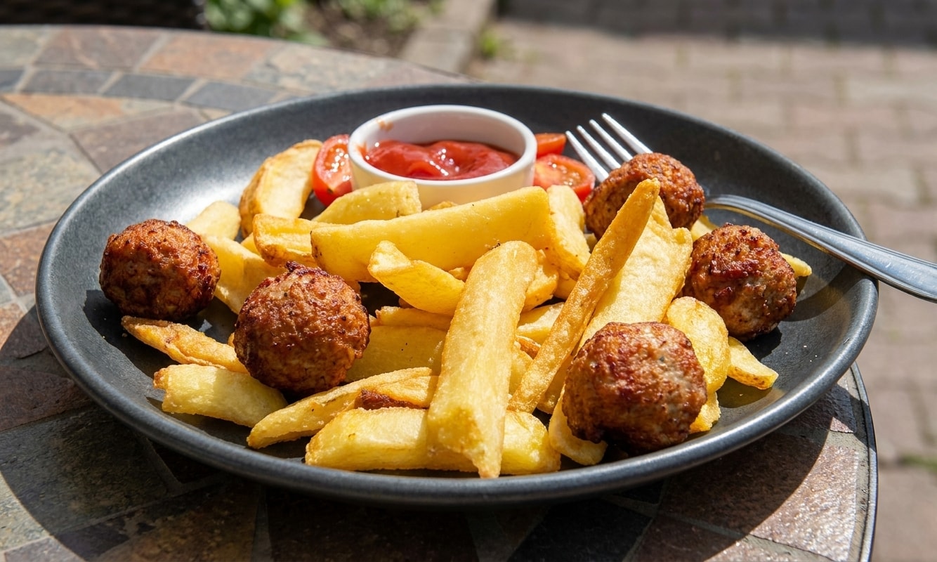 French fries with meatballs and ketchup