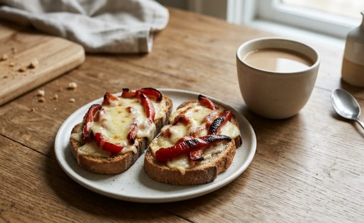 Open-Faced Cheese and Roasted Red Pepper Tartines with Milk Coffee