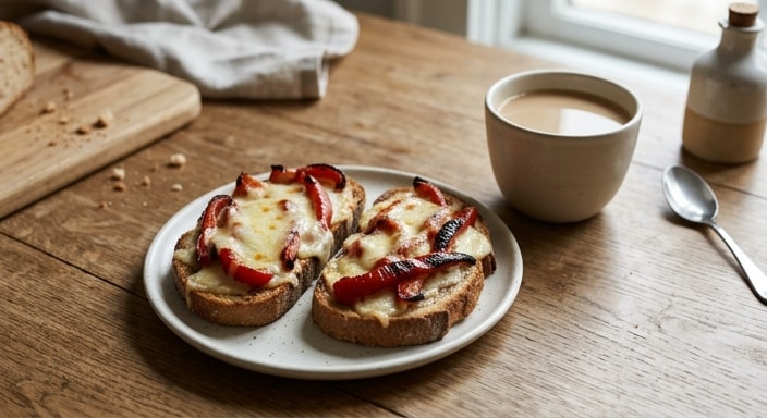 Open-Faced Cheese and Roasted Red Pepper Tartines with Milk Coffee