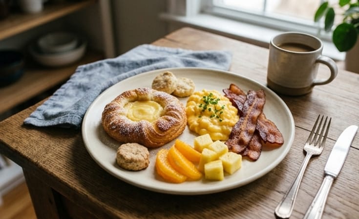Breakfast Plate with Danish Pastry, Bacon, Soft Scrambled Egg, Citrus, Pineapple, and Biscuits