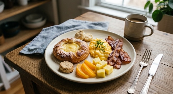 Breakfast Plate with Danish Pastry, Bacon, Soft Scrambled Egg, Citrus, Pineapple, and Biscuits